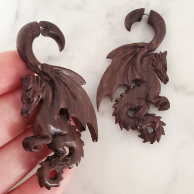 Carved Dragon Fake Gauge Wood Jacket Earrings Split Plug