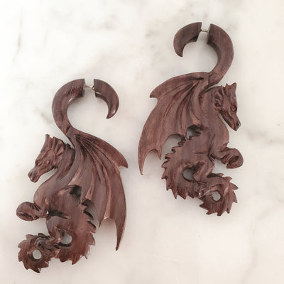 Carved Dragon Fake Gauge Wood Jacket Earrings Split Plug