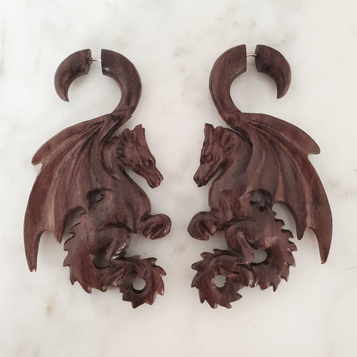 Carved Dragon Fake Gauge Wood Jacket Earrings Split Plug