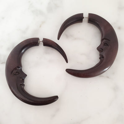 Carved Moon Fake Gauge Jacket Earrings from Bali