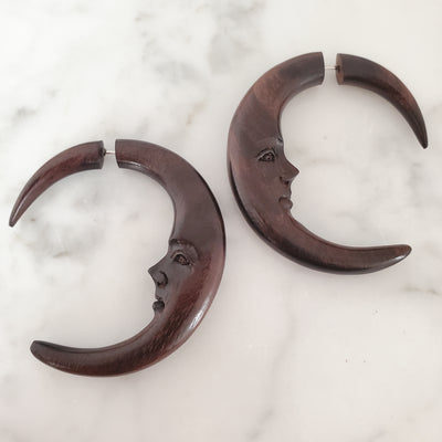 Carved Moon Fake Gauge Jacket Earrings from Bali