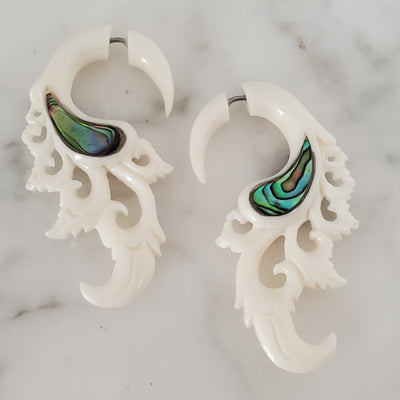 Carved White Fake Gauge Jacket Earrings with Abalone Inlay