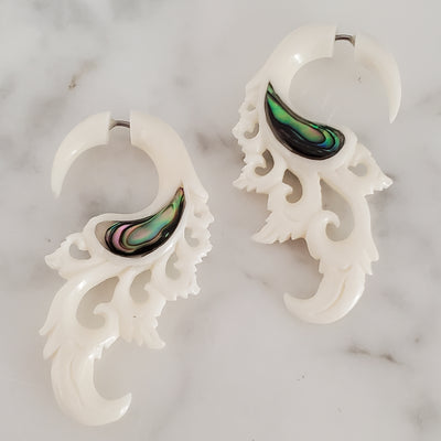 Carved White Fake Gauge Jacket Earrings with Abalone Inlay