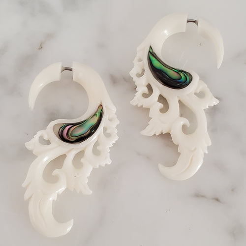 Carved White Fake Gauge Jacket Earrings with Abalone Inlay