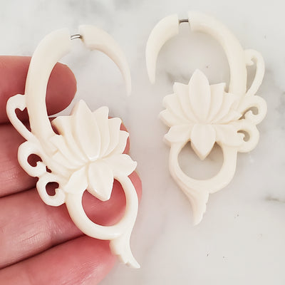 White Lotus Fake Gauge Jacket Earrings Carved in Bali