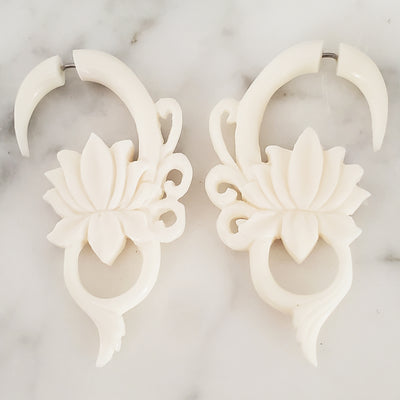 White Lotus Fake Gauge Jacket Earrings Carved in Bali