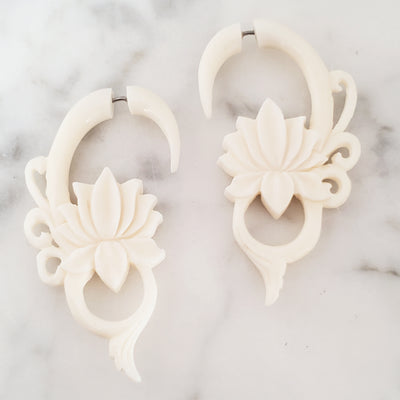 White Lotus Fake Gauge Jacket Earrings Carved in Bali