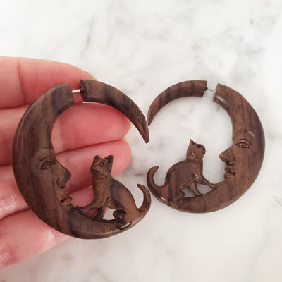 Cat on Moon Fake Gauge Carved Wood Witchy Jacket Earrings