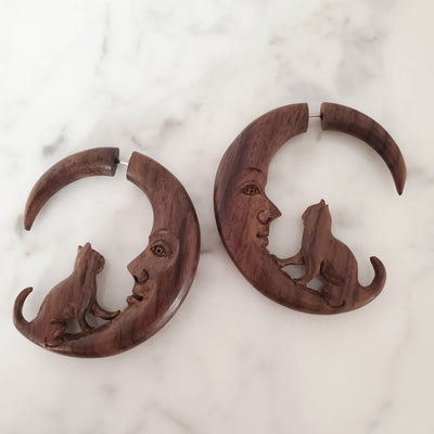 Cat on Moon Fake Gauge Carved Wood Witchy Jacket Earrings