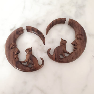 Cat on Moon Fake Gauge Carved Wood Witchy Jacket Earrings