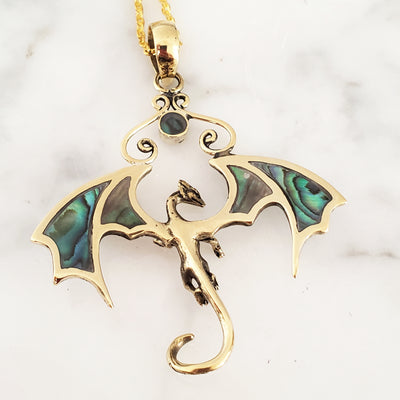 Abalone Inlay Dragon Necklace Amulet Pendant on Chain