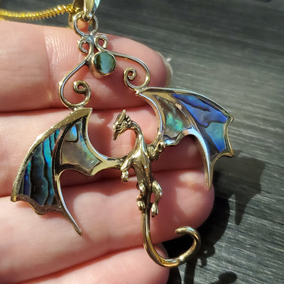 Abalone Inlay Dragon Necklace Amulet Pendant on Chain