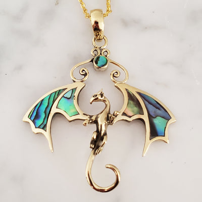 Abalone Inlay Dragon Necklace Amulet Pendant on Chain