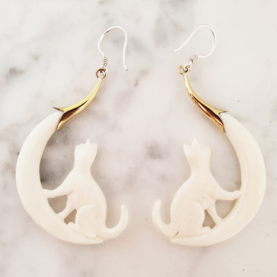 Cat on Moon Chandelier Earrings Hand Carved White in Bali