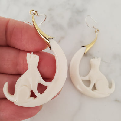 Cat on Moon Chandelier Earrings Hand Carved White in Bali