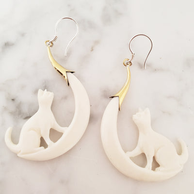 Cat on Moon Chandelier Earrings Hand Carved White in Bali