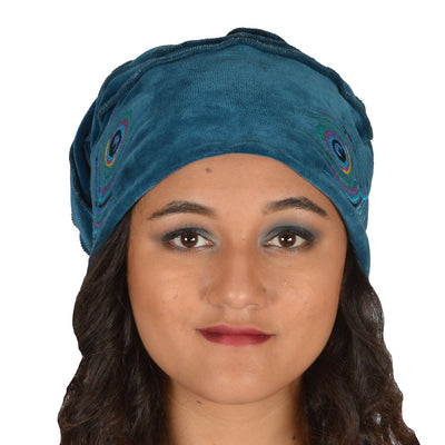 Peacock Feather Embroidered Cotton Velvet Slouch Hat