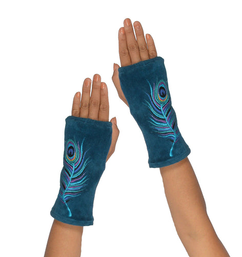 Peacock Feather Embroidered Cotton Velvet Handwarmers