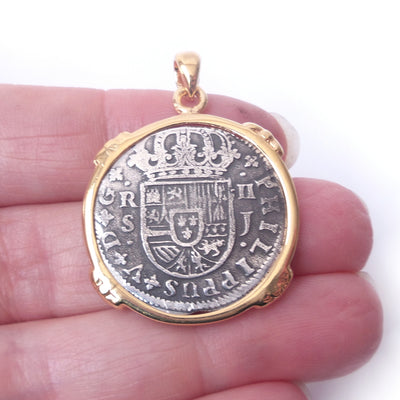 Pieces of 8 Reproduction Coin Pendant .925 Solid Sterling Silver 14kt GF Border