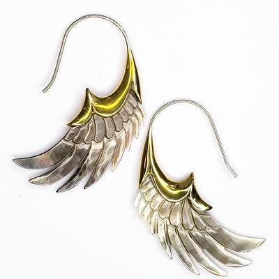 Carved Gray Shell Wing Earrings .925 Sterling Silver Hook Boho Chic Jewelry Gift