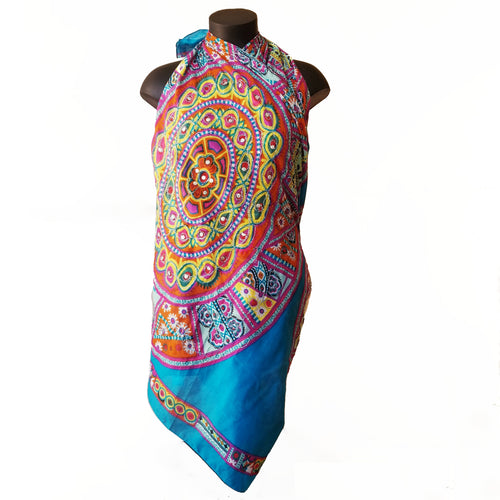 Turquoise Blue Embroidered Cotton Sarong Swim Coverup