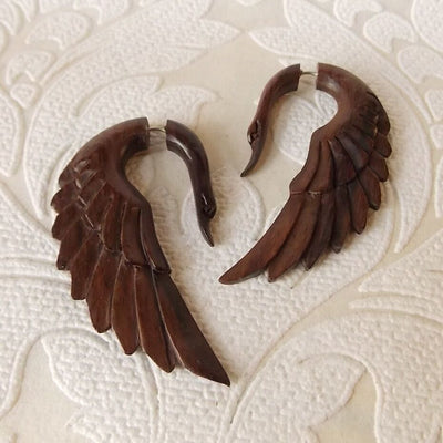Pair of Swan Fake Gauge Earrings Tribal Carved Wood Bohomian