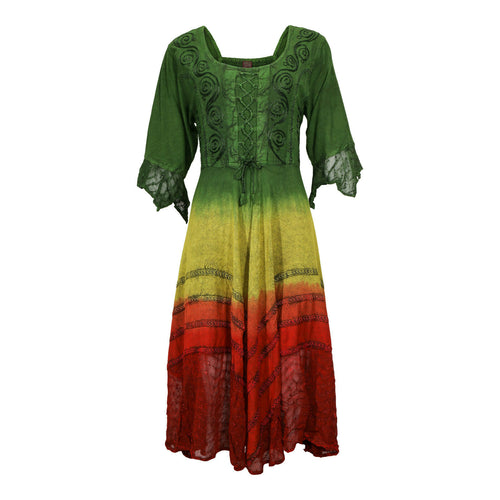 Green Yellow Red Embroidered Renaissance Festival Dress Flowy Rayon Party Gown