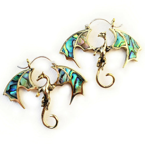 Dragon Carved Abalone Shell Earrings .925 Sterling Silver Hook Christmas Gift