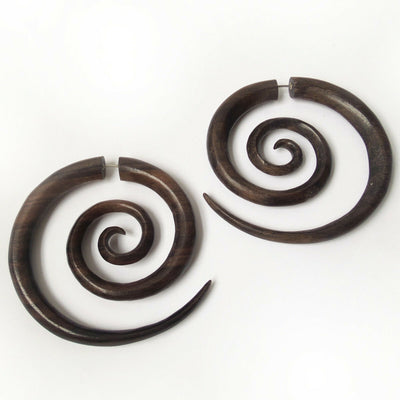 Large Spiral Double Sided Split Gauge Jacket Earrings Dark Wood Jewelry Gift