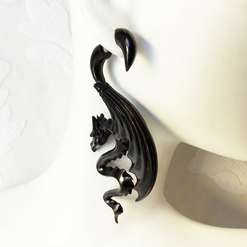 Carved Dragon Fake Gauge Earrings Split Plug Black Gothic Tattoo Jewelry Gift