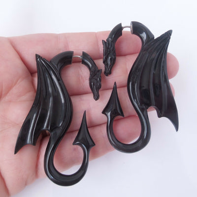 Carved Dragon Split Gauge Earrings Faux Plug Black Gothic Christmas Jewelry Gift