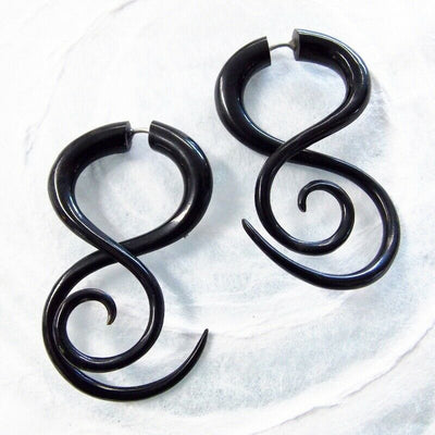 Spiral Twist Split Gauge Earrings Carved Black Horn Boho Jewelry Gift Gothic