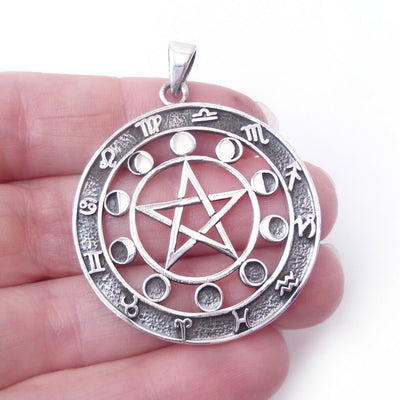 Pentagram Moon Zodiac Symbols .925 Solid Sterling Silver Pendant Gothic Charm