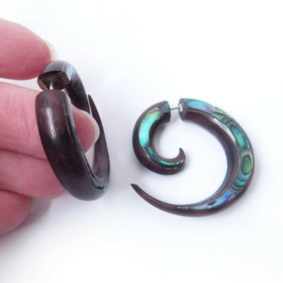 Hoop Split Gauge Earrings w Abalone Inlay Faux Plug Bohemian Boho Chic Jewelry