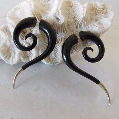 Spiral Silver Tip Fake Gauge Earrings Carved Black Horn Split Plug Jewelry Gift
