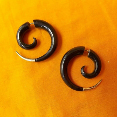 Spiral Silver Tip Fake Gauge Earrings Carved Black Horn Split Plug Gift