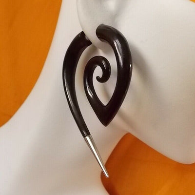 Spiral Silver Tip Fake Gauge Earrings Carved Black Horn Split Plug Tattoo Gift