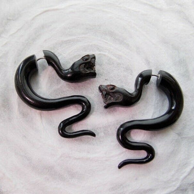 Snake Fake Gauge Earrings Gothic Serpent Halloween Jewelry Carved Black Cow Horn