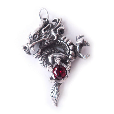 Garnet Dragon Amulet .925 Solid Sterling Silver Gothic Pendant Fantasy Charm