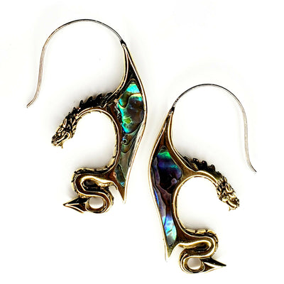 Dragon Carved Abalone Shell Earrings .925 Sterling Silver Hook