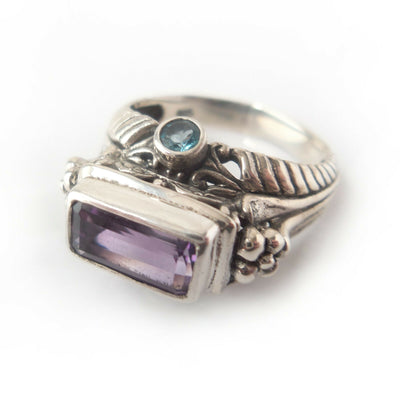 Sz 8 Amethyst, Blue Topaz 925 Solid Sterling Silver Ring for Renaissance Costume