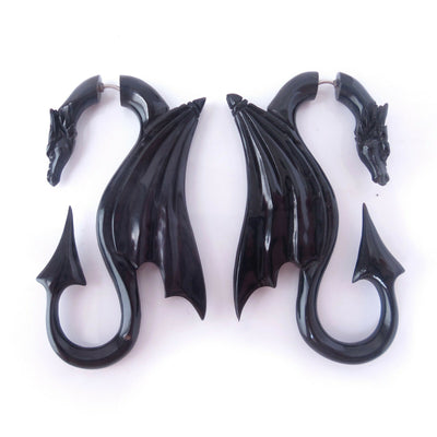 Carved Dragon Split Gauge Earrings Faux Plug Black Gothic Christmas Jewelry Gift