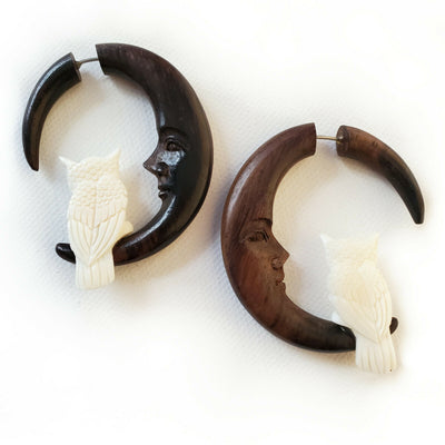 Owl on Moon Split Gauge Hoop Earrings Jewelry Gift Christmas Jewelry Gift
