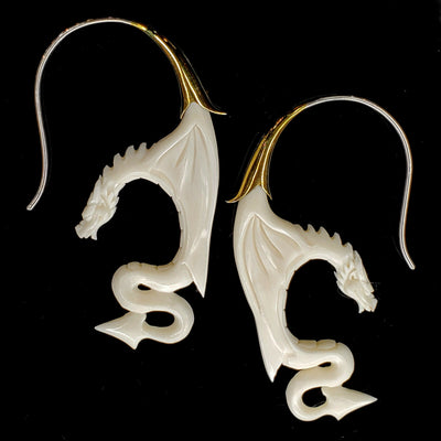 Dragon Carved Cow Bone Earrings on .925 Sterling Silver Hook