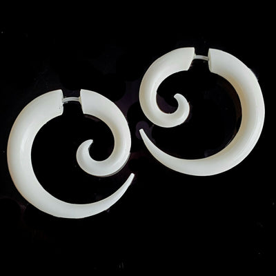1" Spiral Hoop Fake Gauge Earrings Carved White Cow Bone Split Plug Gift