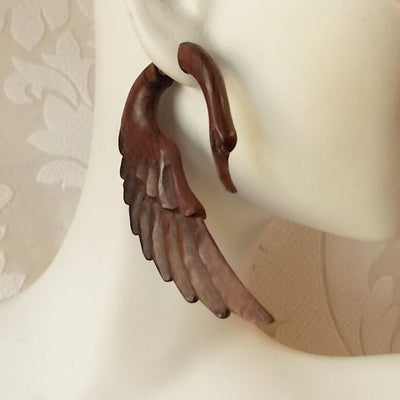 Pair of Swan Fake Gauge Earrings Tribal Carved Wood Bohomian