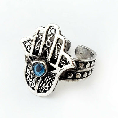 Sz 8-10 Hamsa Ring 925 Sterling Silver Hand of Fatima Protection Khamsa Gift