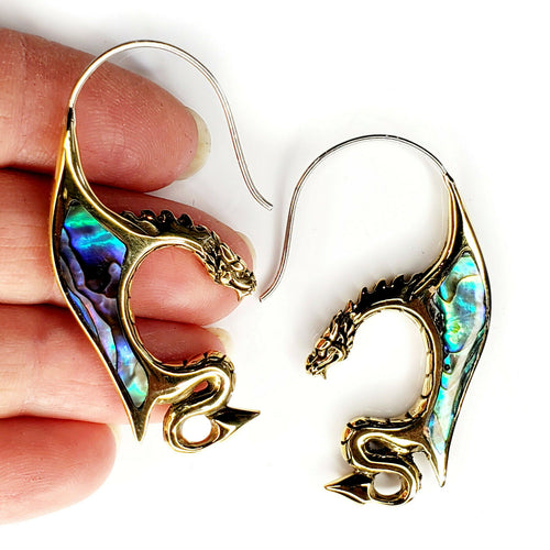 Dragon Carved Abalone Shell Earrings .925 Sterling Silver Hook