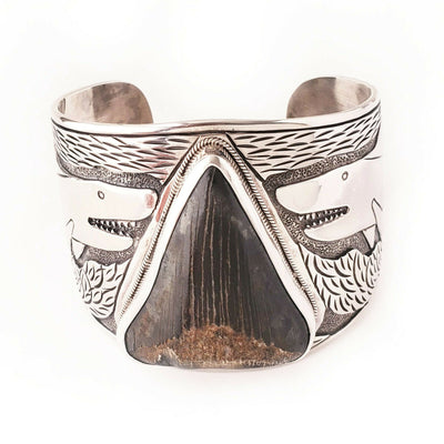 Megalodon Shark Tooth 925 Sterling Silver Mens Cuff Bracelet Fathers Day Gift
