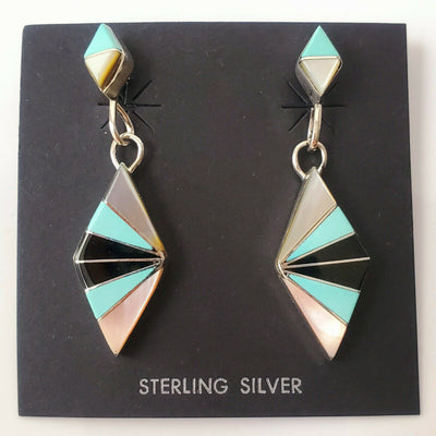 Zuni Native American Turquoise 925 Solid Sterling Silver Geometric Drop Earrings